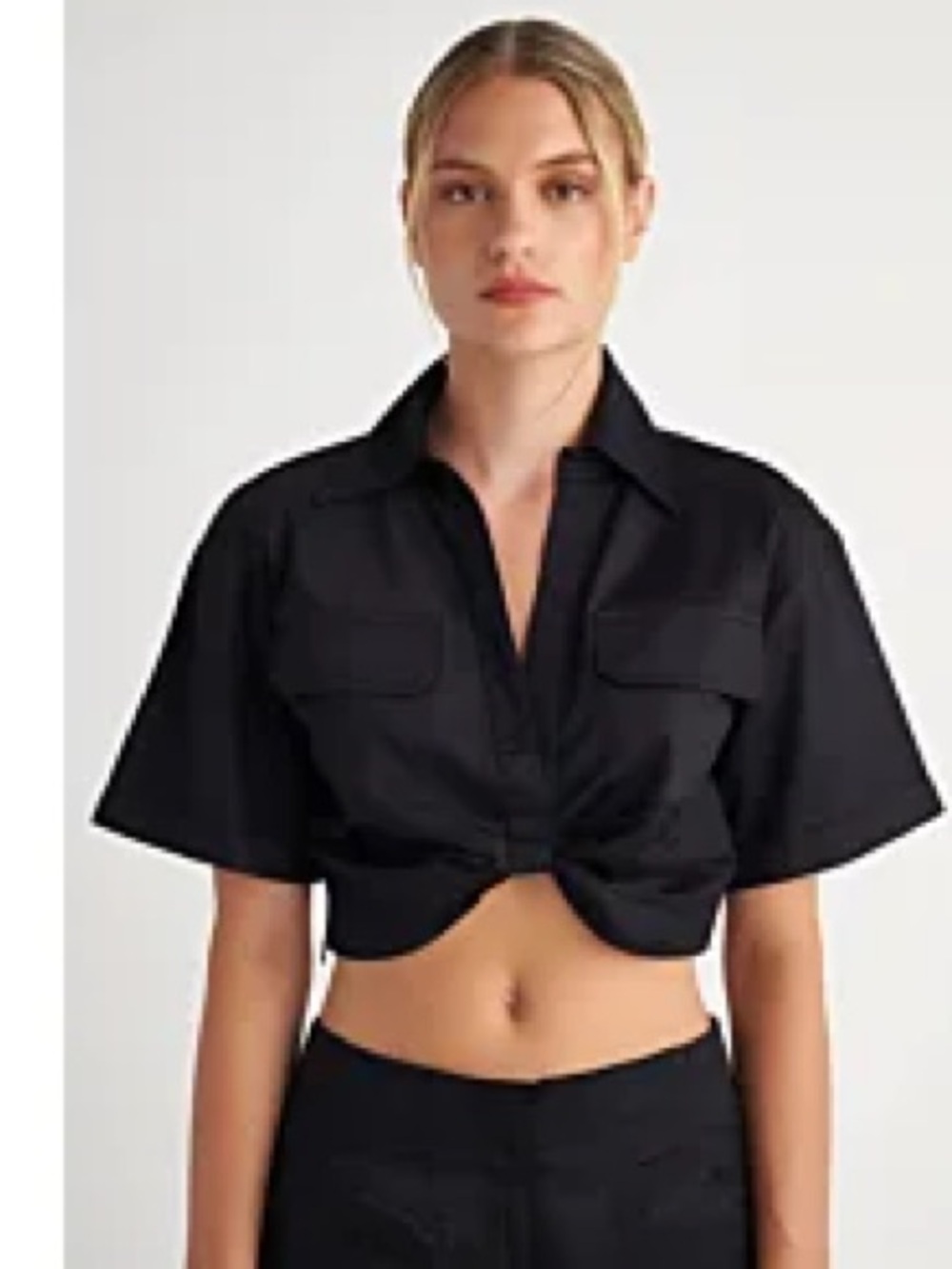 Cropped Knot Front Utility Shirt - Black